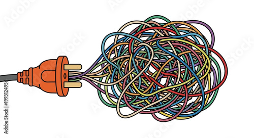 Tangled colorful electric wires connected to an orange power plug on white background