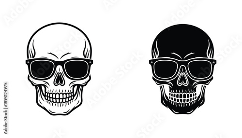 Skull wearing sunglasses icon in outline and solid black style for edgy graphic design and apparel branding
