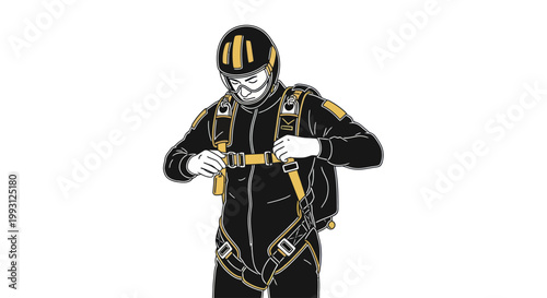 Skydiver checking parachute harness before jump vector illustration