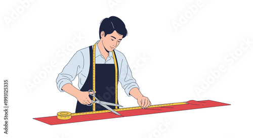 Professional male tailor cutting red fabric with scissors on white background