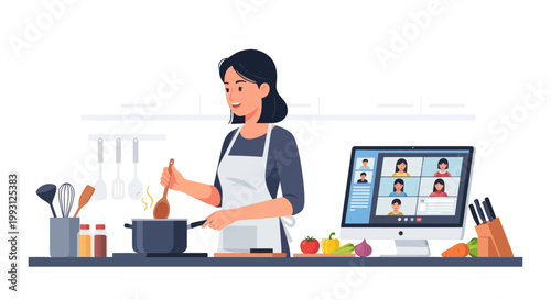 Woman cooking and participating in an online video conference cooking class at home.