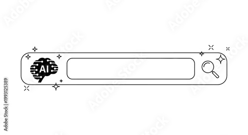 A line drawing of a search bar with a magnifying glass and a brain symbol containing 'AI' on a white background, conveying a multi-purpose business icon for technology and innovation.