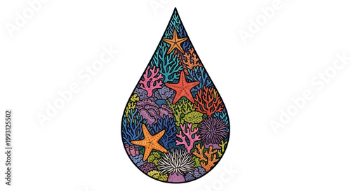 Vibrant coral reef and starfish inside a water drop illustration