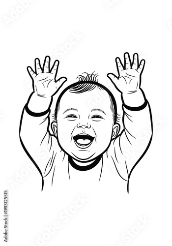 A baby is standing up with their hands in the air