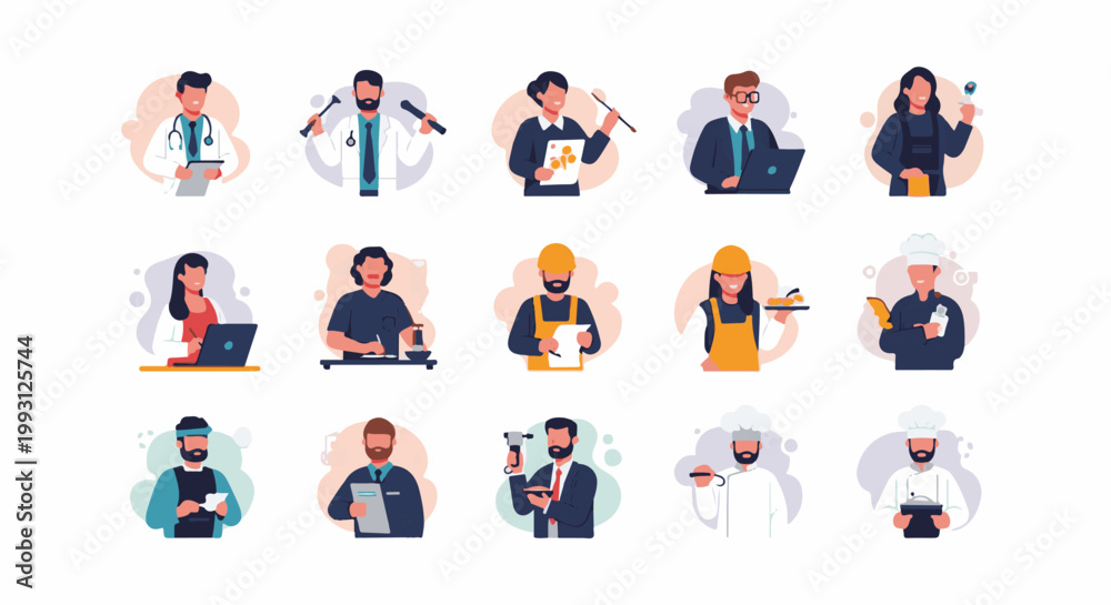 Fototapeta premium Diverse professionals depicted in a clean, flat illustration style with simple backgrounds