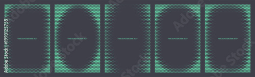 Vector mint green stylized stars halftone pattern set in vertical 2:3 aspect ratio including assorted vignette frames with rounded edges. Varied half tone design elements pack for social media layout