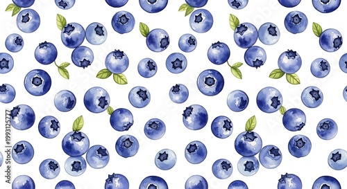 Watercolor summer blueberry seamless pattern with juicy berries and green leaves. Healthy food backdrop and fruit textile print for kitchen decor, gift wrap and stationery