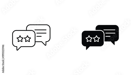Speech bubbles with stars inside icon in outline and solid black vector style for reviews and feedback ratings