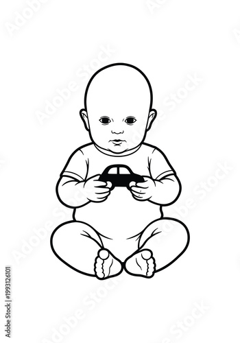 A baby sitting and holding a toy car 