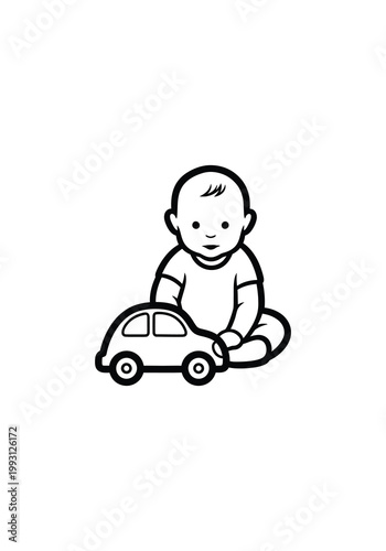 A baby sitting on the floor with a toy car 