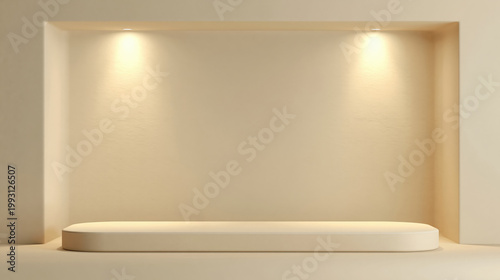 Minimalist beige product podium with soft spotlights and empty copy space for branding or advertising mockup.