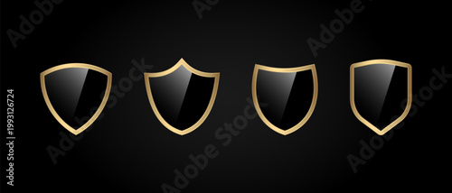 Shield gold 3d object set, Golden quality guarantee protection icon on black background, Shield protection against cyber attacks
