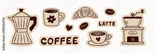 Set of coffee hand drawn doodle sketch. Morning breakfast. Cup coffee, croissant, coffee grains, grinder, geyser maker in crayon, chalk, ink drawing style. Vector whimsical line art.