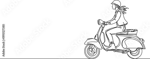 continuous line drawing of woman on motor scooter, line art vector illustration