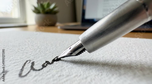 Close Up Of Silver Fountain Pen Writing Black Ink On Textured White Paper With Blurred Laptop And Potted Succulent In Background Natural Daylight