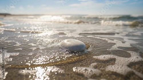 Close Up Of White Stone Being Washed Over By Ocean Waves And Foam On Sandy Beach With Sun Glare On Water Under Clear Blue Sky