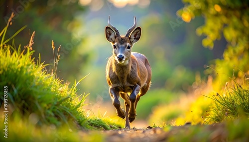 Deer running on forest path freely.