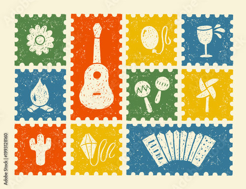 Festa Junina carnival flyers with crayon icons of summer festival in frames. Music party posters with accordion, guitar, bonfire, drum and lantern drawn with bright chalk, vector illustration