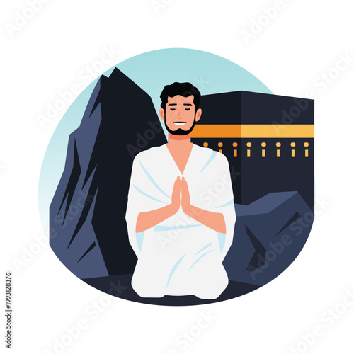 Man praying at jabal e rahmah vector concepts illustration eps file