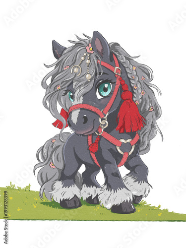 Cute cartoon illustration of a small pony with decorative harness, flowers and big expressive eyes. Detailed hand drawn style with a soft, fantasy and child friendly mood. 