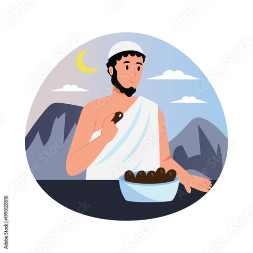Hajj pilgrim eating dates vector concepts illustration eps file