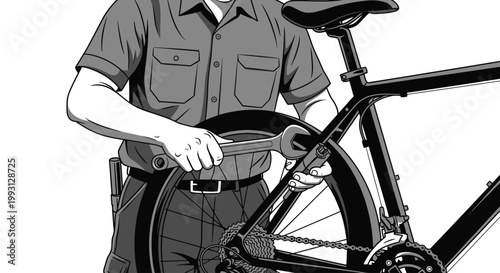 Man repairing bicycle wheel closely.
