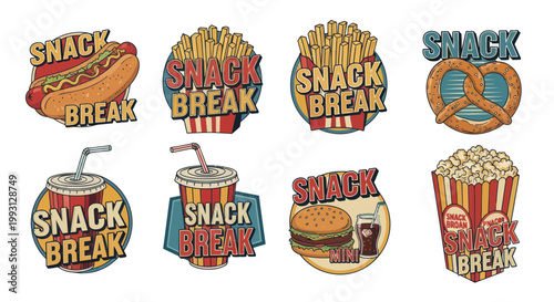 Colorful snack break food icons set.