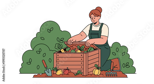 Woman working in garden compost pile.