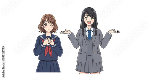 Two Girls in School Uniforms Smiling.