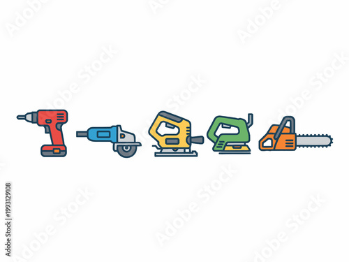 Power Tools Icon Set with Drill Grinder Jigsaw Sander Chainsaw