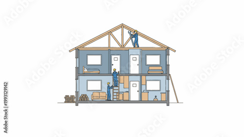 House construction cross section with workers and furniture vector