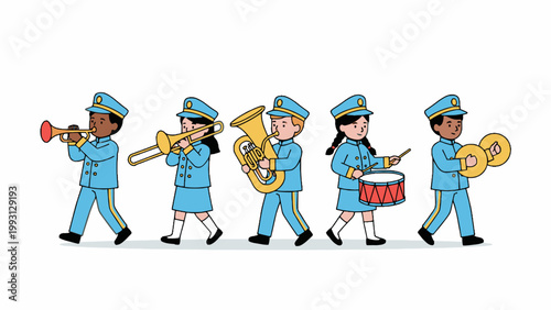 Children marching band playing musical instruments in blue uniforms