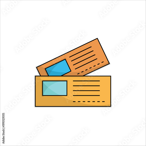 Two yellow travel tickets flat color icon for airplane boarding pass, cinema movie entrance, and event reservation booking