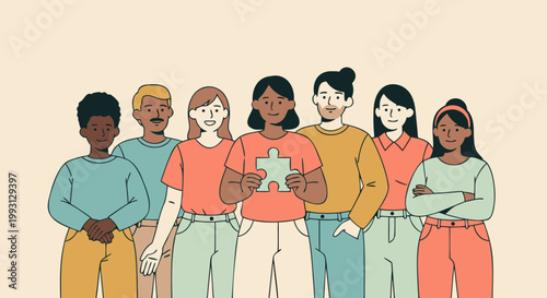Diverse group of people showing autism awareness and acceptance with a puzzle piece, fostering inclusivity and understanding