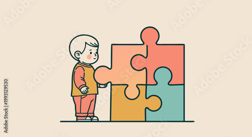 Cute cartoon child assembling a colorful puzzle, representing autism awareness and understanding