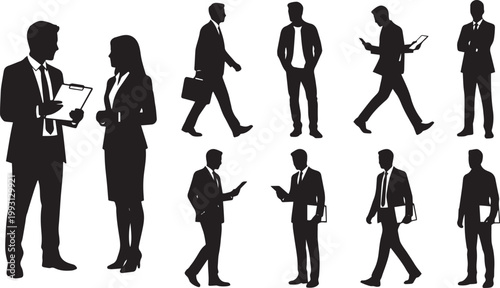Professional Business People Silhouettes in Suits Standing and Walking while Working with Documents and Tablets for Corporate Teamwork and Office Environment Concept Collection