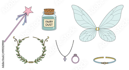 Whimsical Fairy Magic Accessories Set with Wings, Star Wand, Fairy Dust, and Enchanted Jewelry Illustration