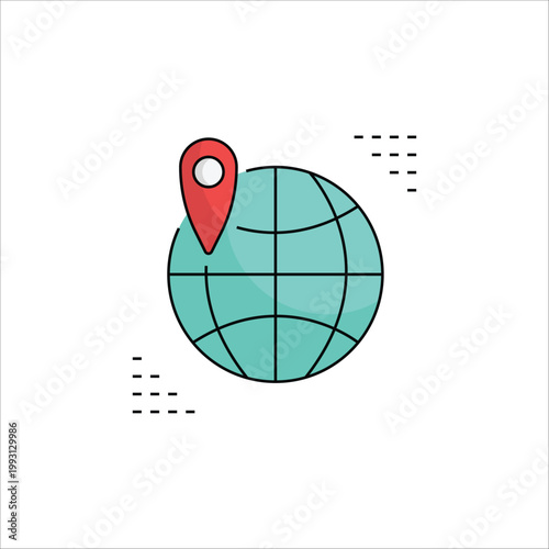 Global travel world map flat color icon with red location pin for international tourism, worldwide logistics, and GPS positioning