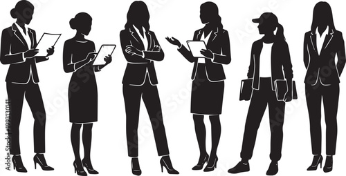 Professional business women group silhouettes in formal suits holding tablets and documents for corporate leadership presentation and team collaboration office concept