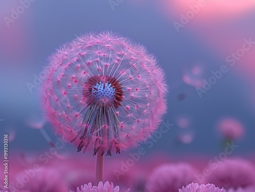 A vibrant pink dandelion flower in a field of purple flowers