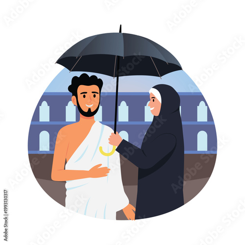 Pilgrims sharing umbrella vector concepts illustration eps file