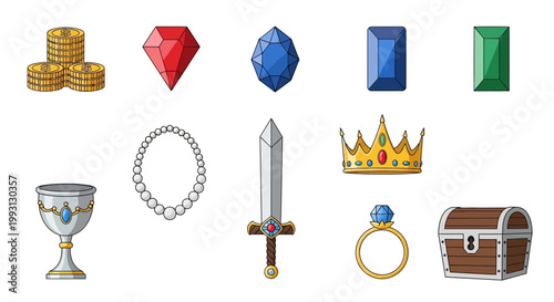 Medieval Fantasy Treasure and Loot Icon Set - RPG Game Assets with Gold Coins, Gems, Jewelry, Sword, Crown, and Treasure Chest