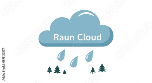 Blue Rain Cloud Vector Illustration with Falling Water Drops and Pine Trees