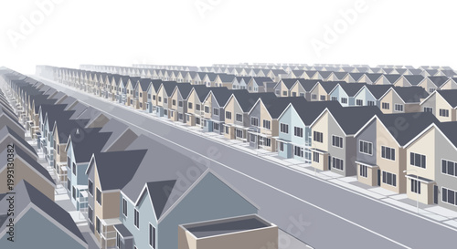 Minimalist 3D Illustration of Infinite Suburban Housing Development with Rows of Identical Modern Houses