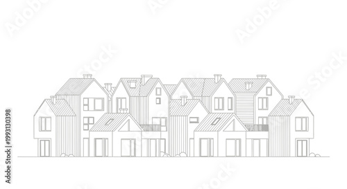 Modern Minimalist Line Drawing of Suburban Houses and Townhomes Architecture Illustration