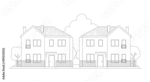 Minimalist Line Art Illustration of Two-Story Suburban Houses, Architectural Sketch for Real Estate or Coloring Page