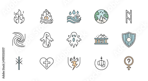 Set of Minimalist RPG Fantasy Game Icons with Elements like Fire, Water, Earth, and Air - Mystical Magic and Combat Symbol Vector Set for UI Design and Branding