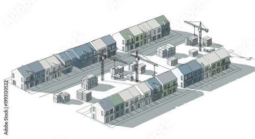 Isometric 3D Architectural Illustration of a Modern Residential Construction Site with Townhouses, Cranes, and Building Materials for Urban Planning and Real Estate Development