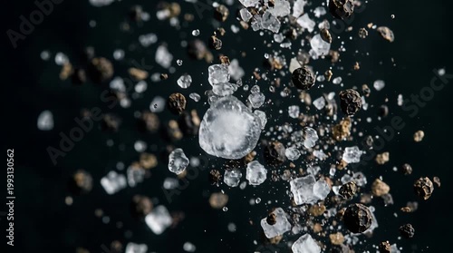 Crystallized Salt and Earthy Soil Particles Exploding Upward in Dramatic Macro Slow Motion Against a Dark Studio Background with Sharp Focus and Dramatic Lighting
