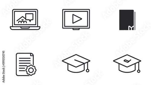 Educational Symbols Illustration: A collection of educational icons, designed in a clean, minimalist style, perfect for illustrating concepts related to education, learning, and academic pursuits.